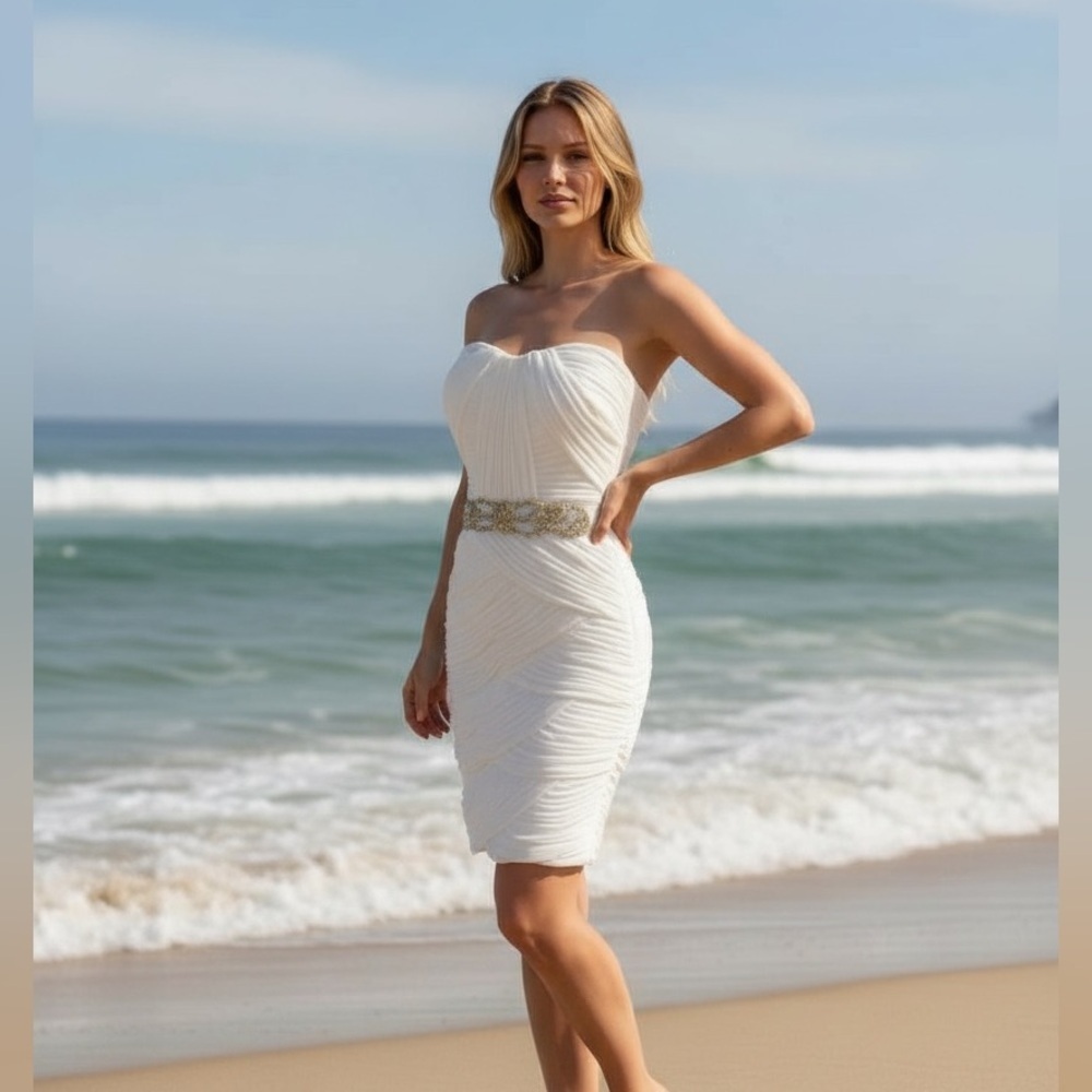 CACHE WHITE STRAPLESS BEADED RHINESTONE FORMAL BEACH WEDDING MINI DRESS SZ 12